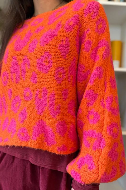 Big Softie Leopard Roo Knit Aperol & Hot Pink